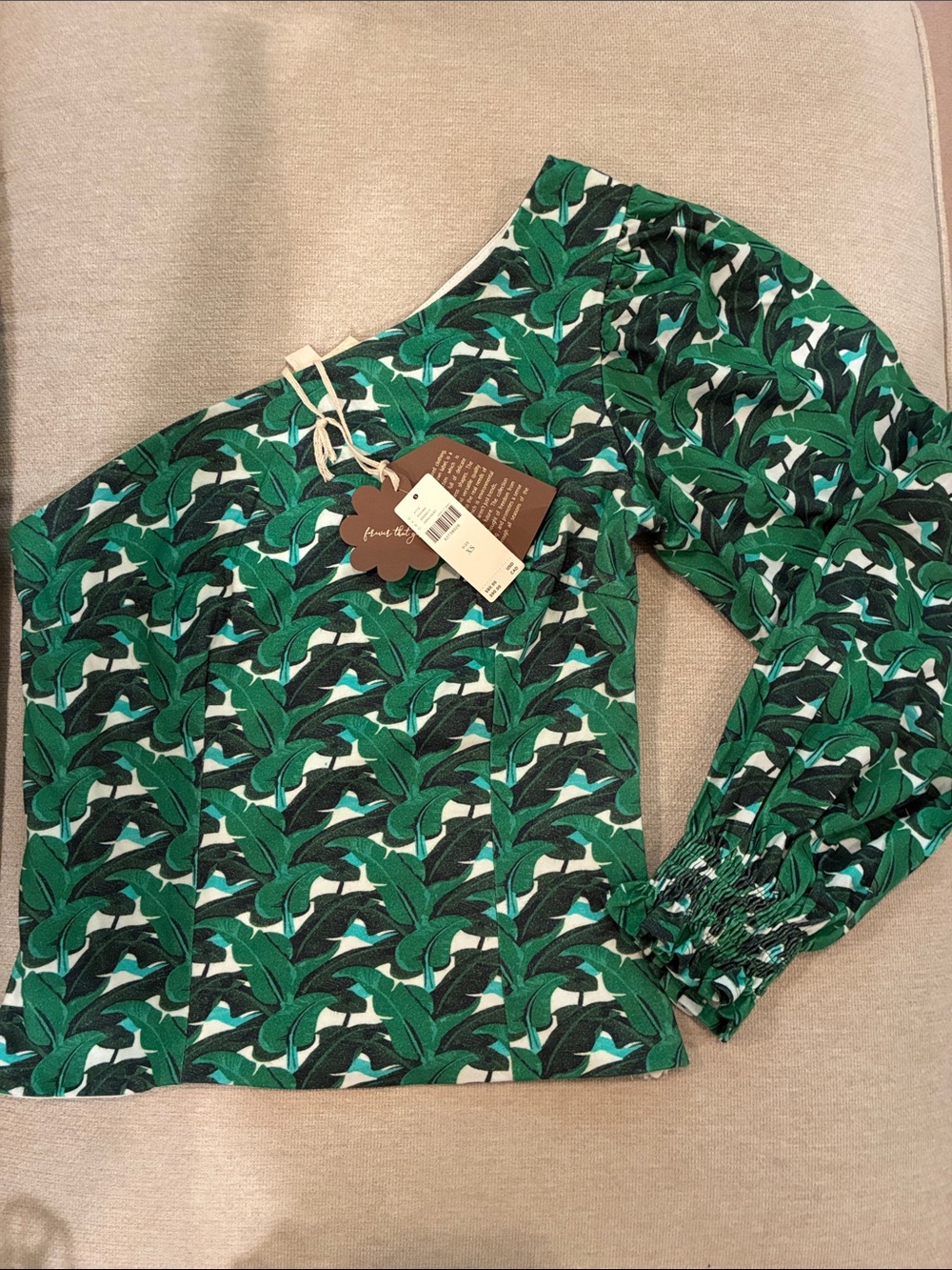 NWT Anthropologie Forever That Girl Green Leaf Print One Shoulder Top, XS